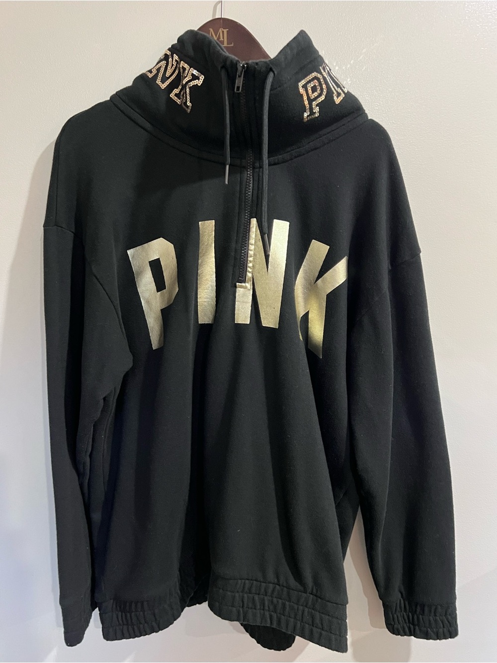 PINK Black Funnel Neck Quarter Zip Sweater size Large Oversized